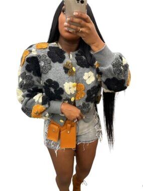 3D Flower Cropped Bomber Jacket Puff Long Sleeve Button Down